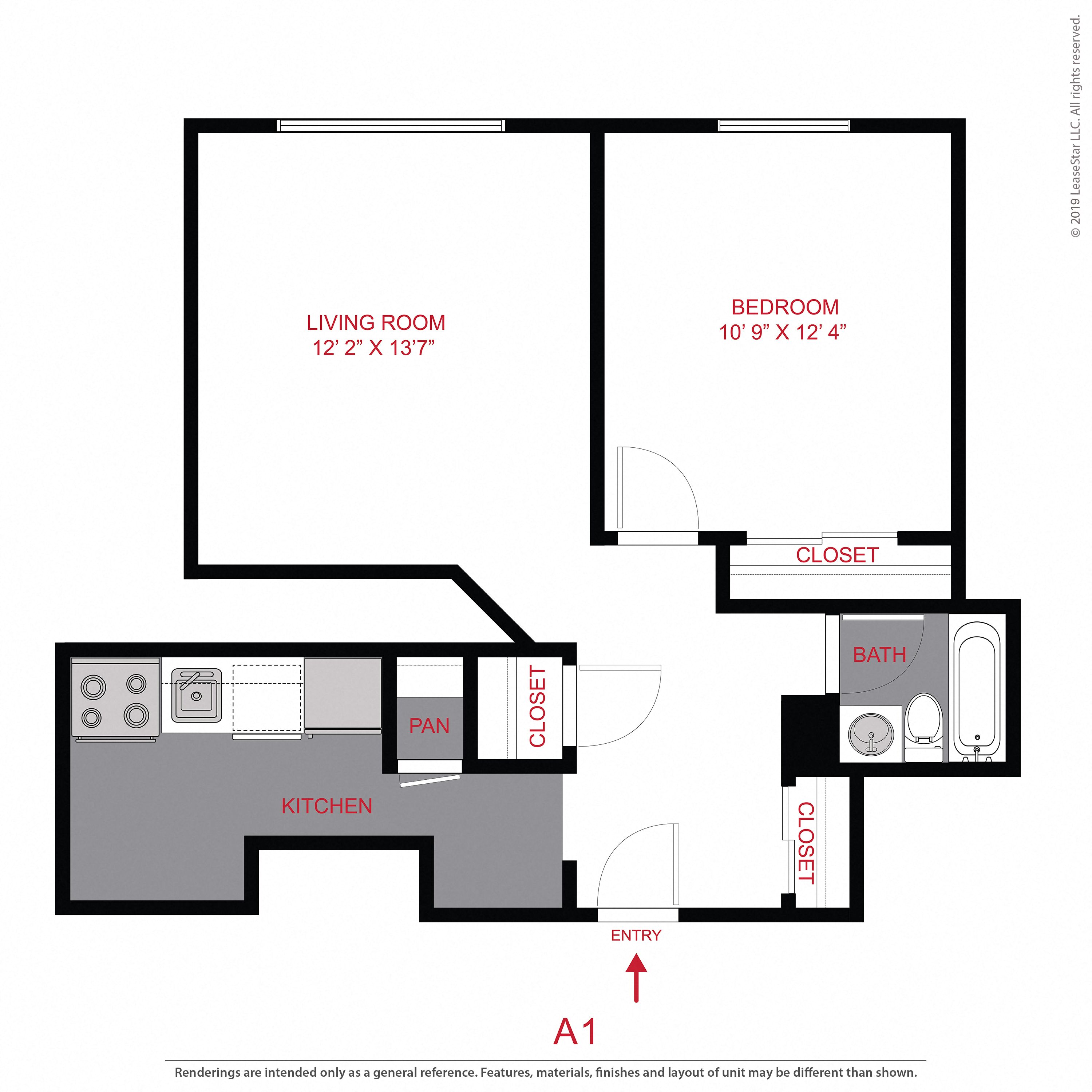 Floor plan for 1 bed, 1 bath, 487 sqft